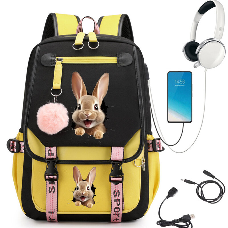 Bunny Print Schul rucksack Cartoon Schult asche für Schüler Teenager USB Bookbag Laptop Mochila Teenager Rucksack Kawaii Bagpack