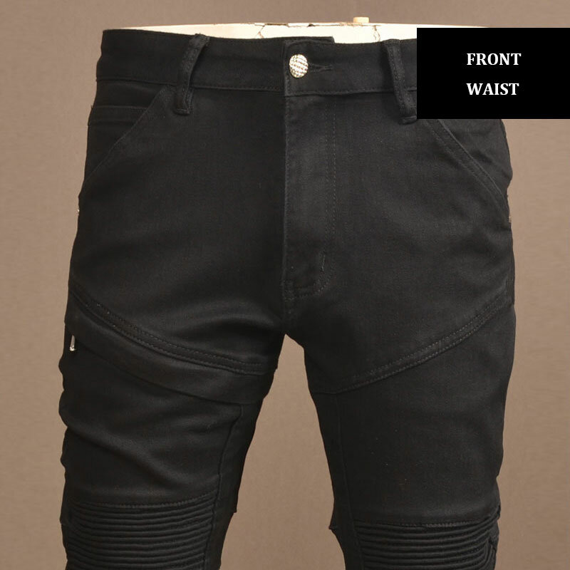 High Street Fashion celana Jeans pria hitam melar Skinny Fit Biker Jeans Homme Splice desainer saku ritsleting celana Denim Hip Hop pria