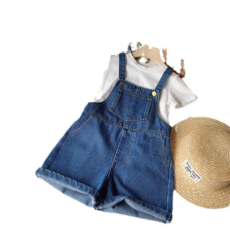 Ins 2024 Summer Infant Babys Girl Outfit Cotton Solid Short Sleeve Tees Outfit Loose Casual Denim Strappy Pant Little Girl Suits