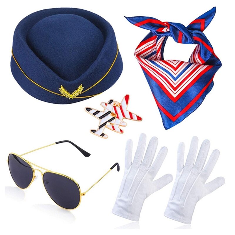 Stewardess Hat Costume Stewardess Neck Scarf  Gloves Airplanes Brooch Pin
