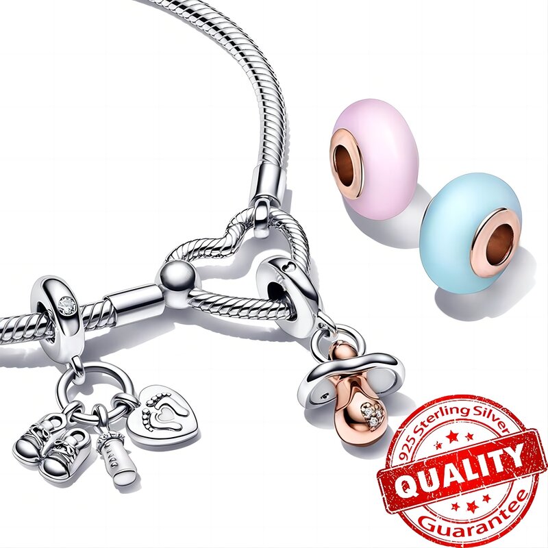 Authentic Rose Gold Pacifier Baby Dummy Dangle Charm Fit Original Bracelet 925 Sterling Silver DIY Pendant Kids Birthday Jewelry