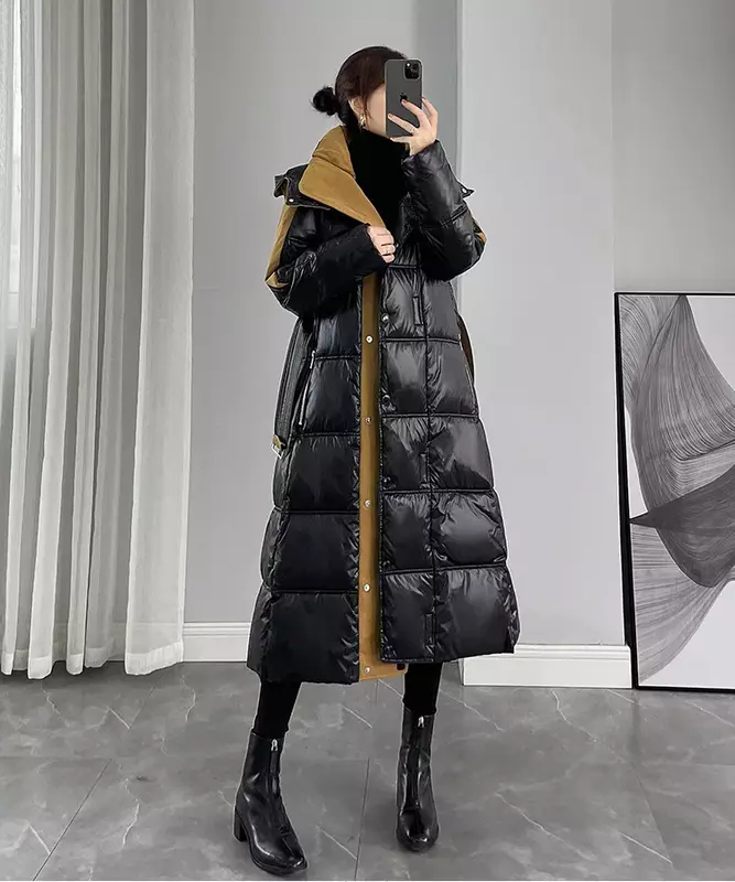 Jaqueta puffer preta brilhante para mulheres, parkas femininas coreanas com capuz, 90% para baixo, outwear longo grosso, casaco de neve novo, inverno, 2023