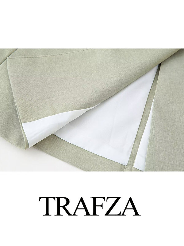 Trafza-女性用長袖ブレザー,ラペル,偽のポケット,ベルトの装飾,カジュアルなスーツのコート,エレガント,シック,単色,オフィス