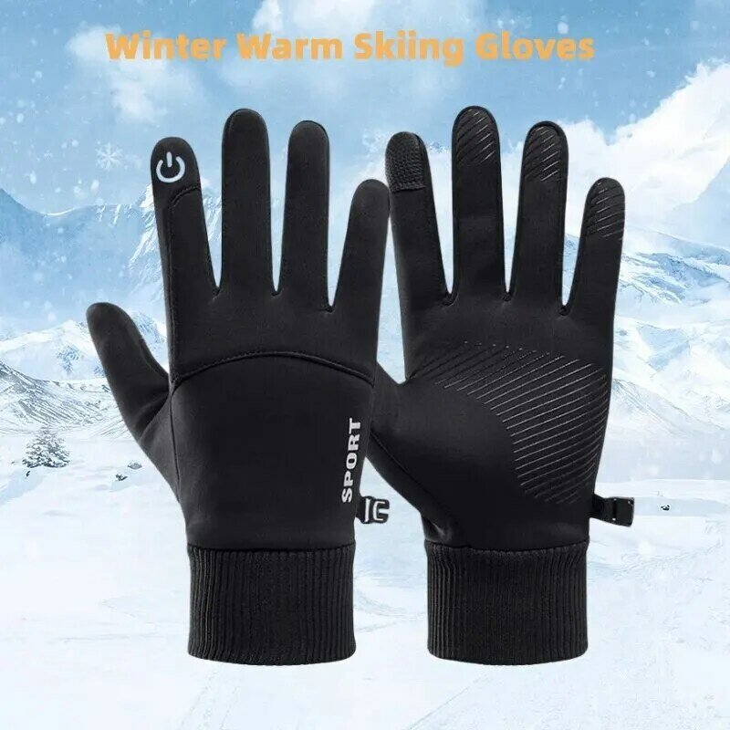 Sarung tangan bulu domba penuh jari, hangat hitam musim dingin bersepeda olahraga lari sepeda motor Ski layar sentuh