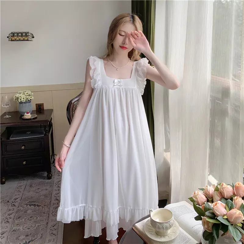 Damska koszula nocna bez rękawów solidna francuski styl damska urocza koszula nocna księżniczka sukienka Vintage bielizna nocna dla kobiet 2024
