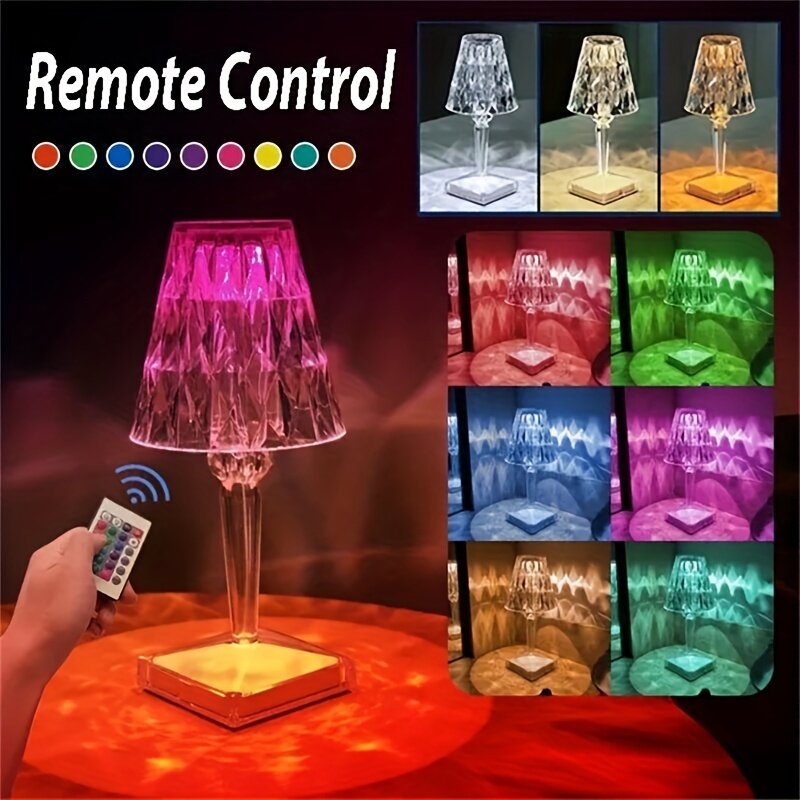 Lámpara de mesa de cristal LED táctil, luz de diamante de 16 colores, luz de ambiente romántico ajustable, luz nocturna recargable por USB