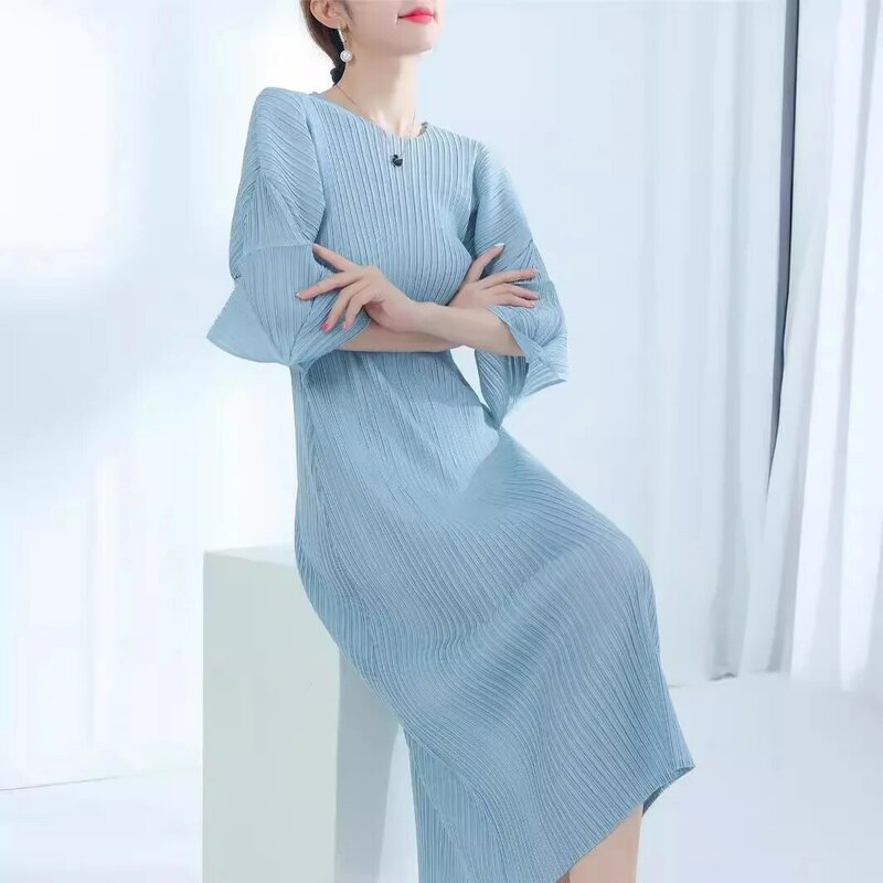YUDX Miyake gaun rok temperamen wanita, berlipat lengan bunga desain warna Solid baru musim panas 2024