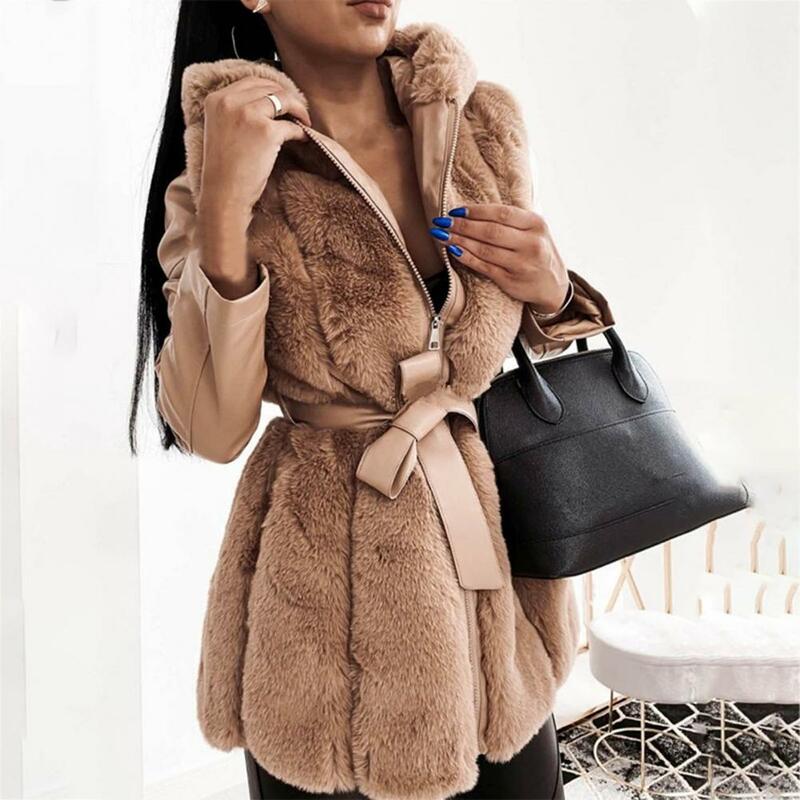 Casaco de pele de coelho falso feminino casaco de pelúcia térmica cintura apertada casaco de inverno de luxo longo casaco com capuz solto lapela casacos femininos