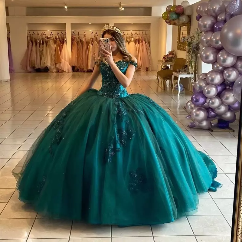 Vestidos Quinceanera sem ombro com aplique de glitter, vestido de festa de aniversário de princesa, verde esmeralda, 15 anos