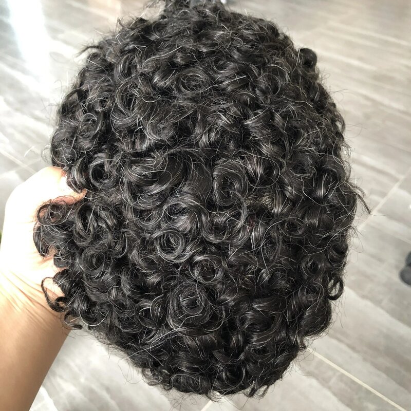 Long Lasting Afo Black Men Toupee Full Pu 18mm Curly 100% Human Hair Prosthesis System Natural Hairline Thin Skin Man Wigs