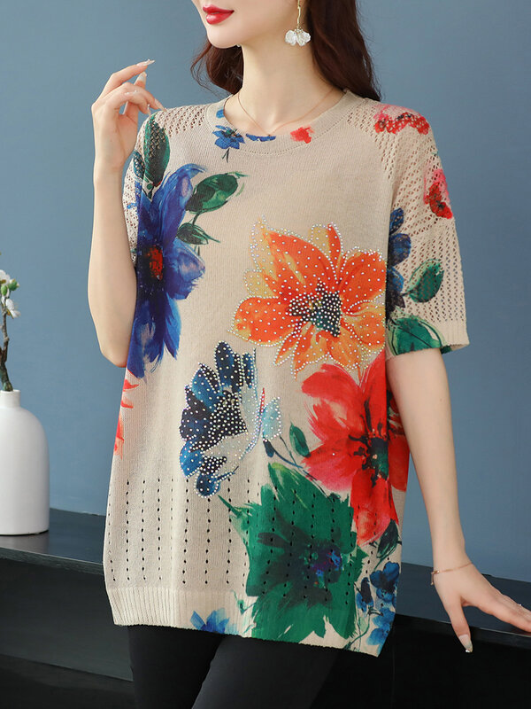 Floral Print Hollow Knitted T Shirt Women 2024 Summer Clothes For Women Pullovers Tees Top Y2K Loose Women's T-shirt