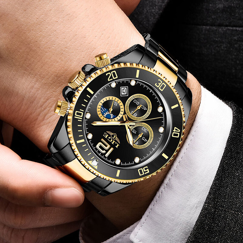 LIGE 남성용 오리지널 방수 스테인레스 스틸 쿼츠 시계, 패션 비즈니스 럭셔리 손목시계, 최고 브랜드