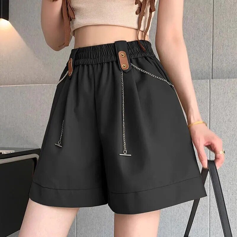 Basic Wide Leg A-Line Casual Shorts Summer High Waist Elastic Women's Clothing Fashion Spliced Chain Solid Color Loose Shorts