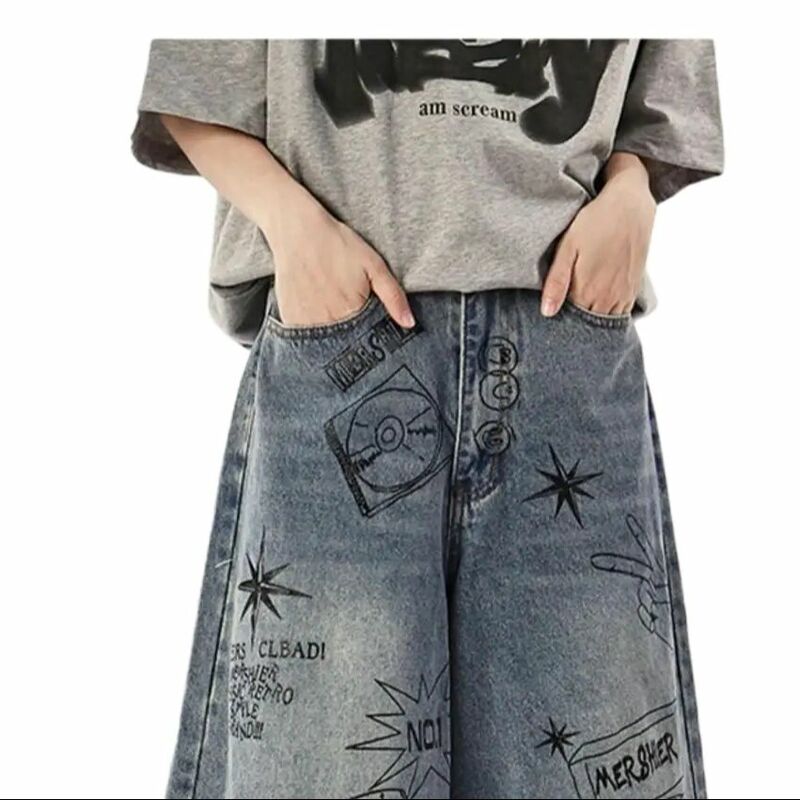 Nowe kobiety Graffiti luźne spodenki dżinsowe casualowe spodnie capri lato proste Retro szeroko nogawkowe szorty szorty dżinsowe kobiet szorty