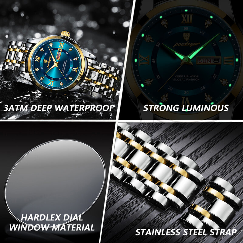 POEDAGAR jam tangan bercahaya pria, arloji olahraga Stainless Steel Quartz tahan air tanggal minggu untuk lelaki