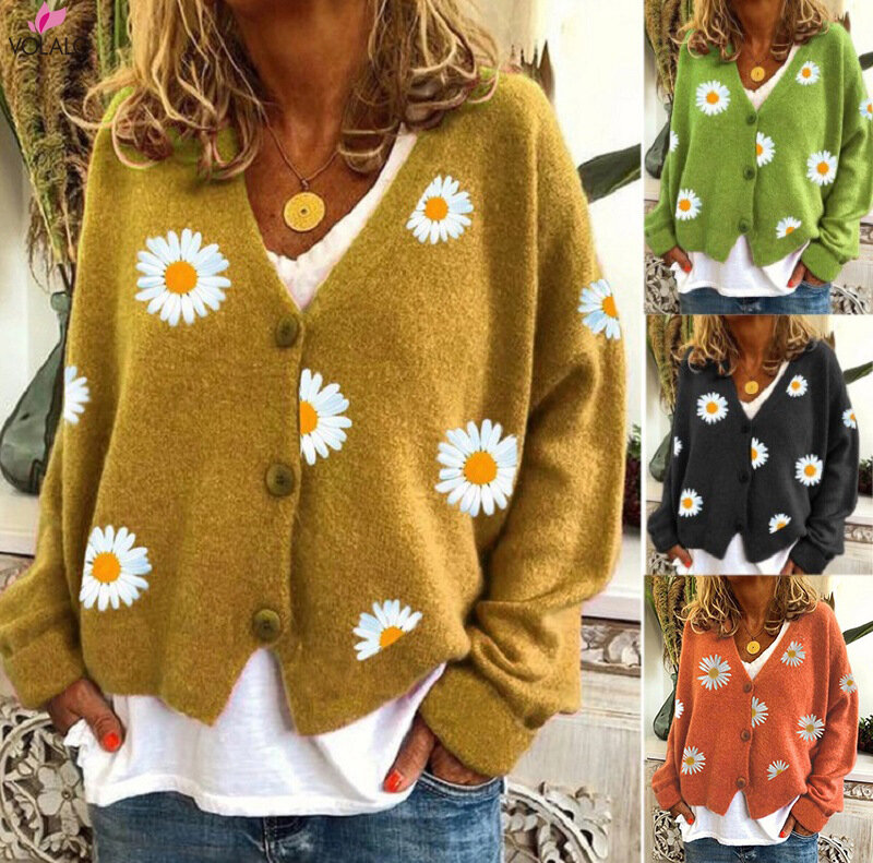 VOLALO-Camisola de malha de peito único para mulheres, jaqueta bordada, crisântemo e flor, nova, outono, 2024