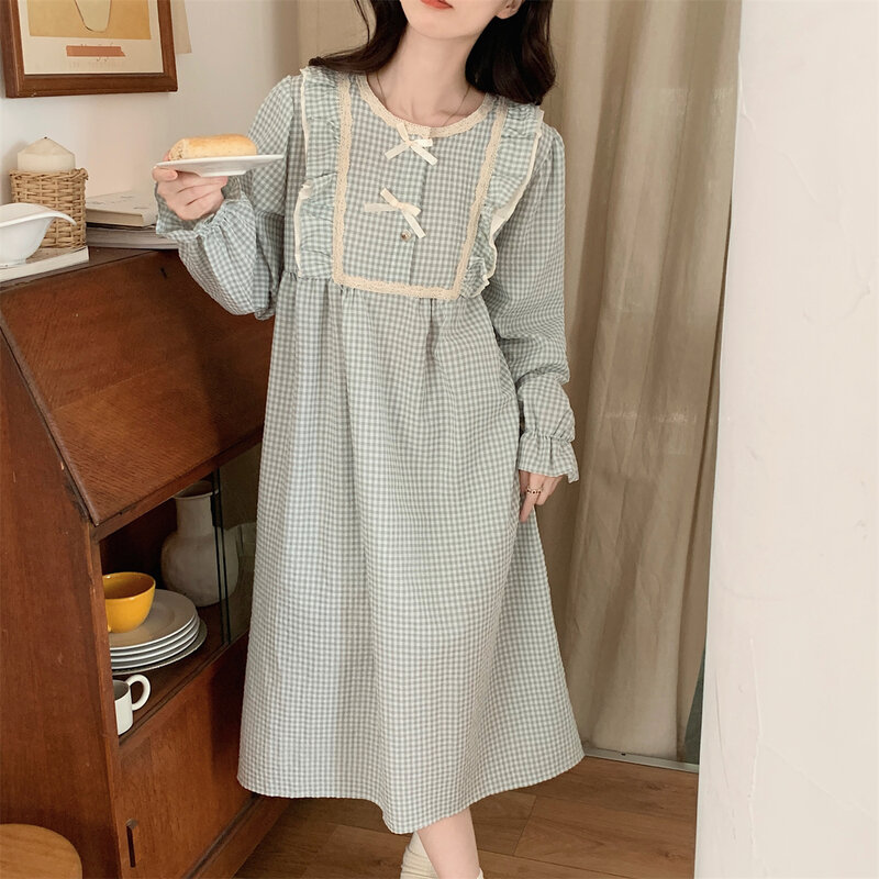 Lacework xadrez camisola feminina manga longa babados laço outono primavera para fora usar roupas de casa senhoras sleepdress algodão s100