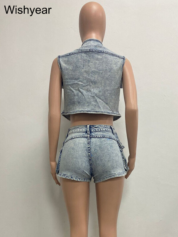 Sexy Denim Cargo Multi Pockets Zipper Sleeveless Vest Jackets Crop Tops And Shorts Women Two Piece Set Street Stretch Jeans Suit