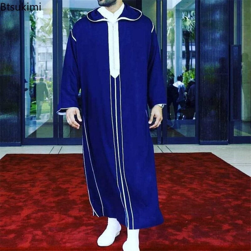 New 2024 Men's Muslim Jubba Thobe Patchwork Soft V Neck Long Sleeve Caftan Dubai Robe Vintage Islamic Arabic Men Kaftan Abaya