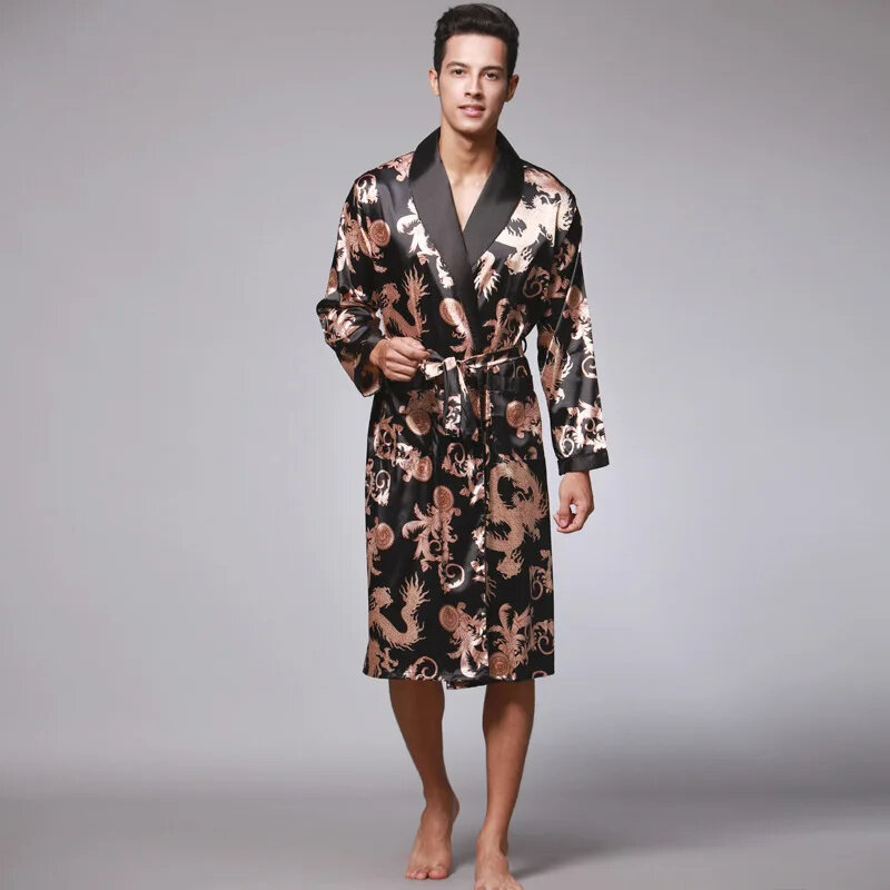 Male Sleepwear Bathrobe Silk Bath Robe Gown Long Sleeve V-Neck Nightwear with Belt Pocket Autumn Men Longo Pajamas Home Clothes