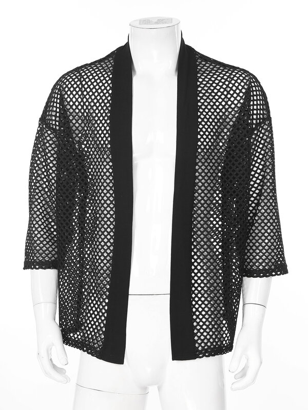 Mens Exotic Tops Hollow Out Fishnet Kimono Cardigan Open Front 3/4 Sleeve Sheer Jacket Outwear Cover Ups Beachwear Clubwear