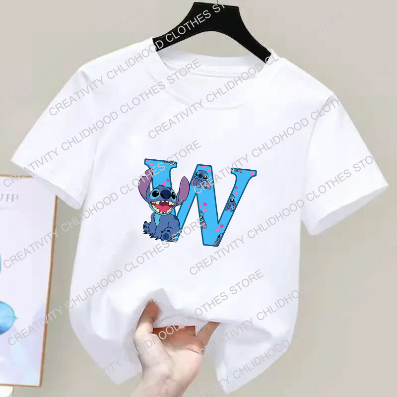 Camiseta de Stitch para niños, combinación de nombre de letra A B C D, camisetas de Anime Kawaii, ropa informal de dibujos animados, camiseta para niño y niña