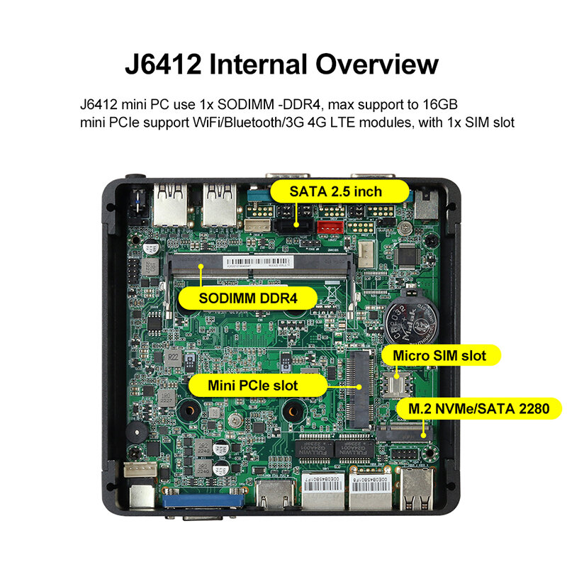 팬리스 임베디드 미니 PC 인텔 셀러론 J6412 DDR4 M.2 SSD RS-232 2x GbE LAN 지원 WiFi 4G LTE Windows 11 Ubuntu