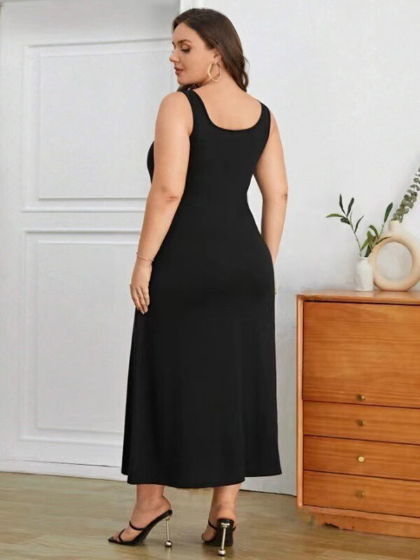 GIBSIE-Vestido de verão feminino quadrado preto com pescoço, vestido maxi sem mangas casual feminino, plus size, moda verão