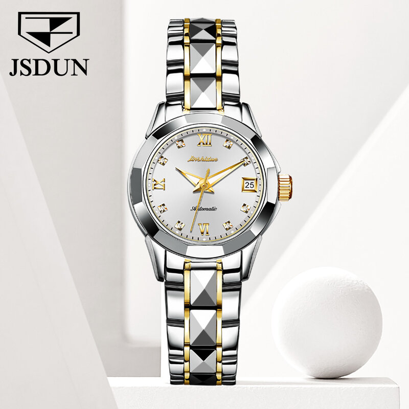 JSDUN Elegant Mechanical Watch for Women Luxury Brand Synthetic Sapphire Tungsten Steel Strap Watches Automatic Date Clock 8813