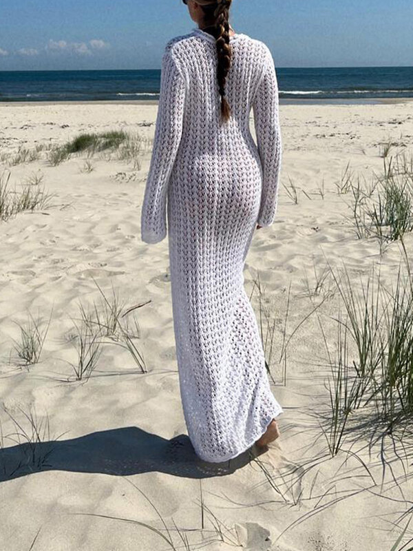 Women Y2k Crochet Maxi Cover Up Dress Long Sleeve See Through Hollow Out Slim Long Knit Dress Beach Swimmwear