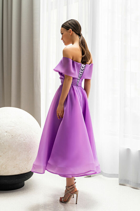 Vintage Off-the-Shoulder A-line Organza Prom Dresses Sleeveless Pleated Cocktail Party Dress Corset Back Tea-length Ball Gown