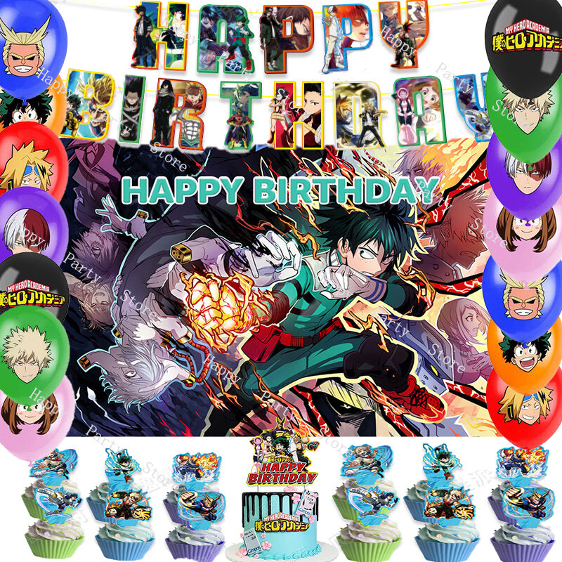 My Hero Academia Birthday Party Decoração, Animação Balão, Banner, Pano de fundo, Cake Topper, Baby Shower Supplies