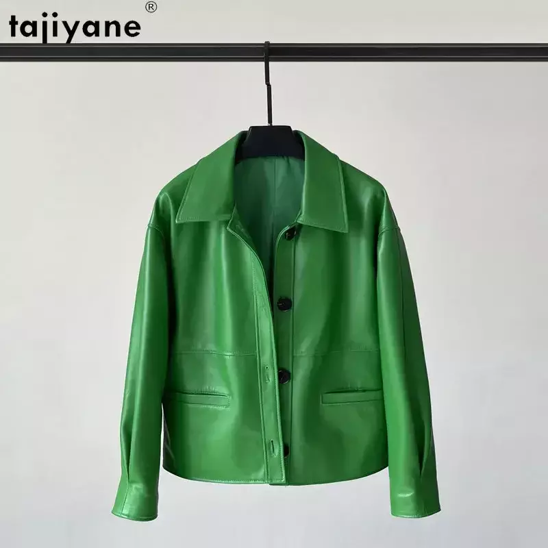 Tajiyane-女性用本革ジャケット,シングルブレストシープスキン,レザーコート,スクエアカラー,レトロスタイル,バイカーコート