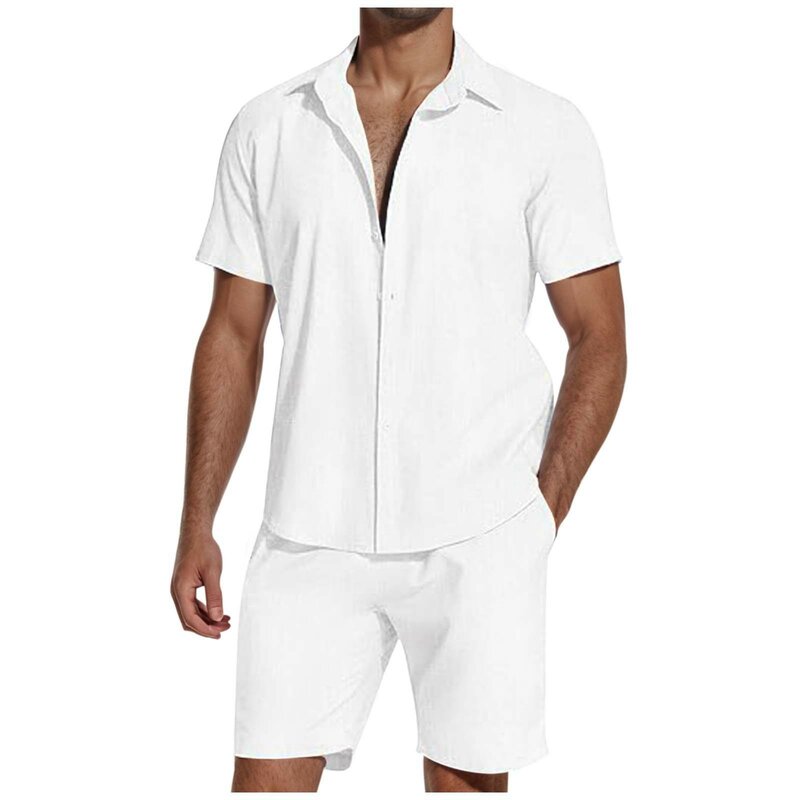 Men'a Spring And Fall 2-piece Beach-style Short-sleeved Button-down Lapel T-shirt Shorts Drawstring Casual Business Sports Suit