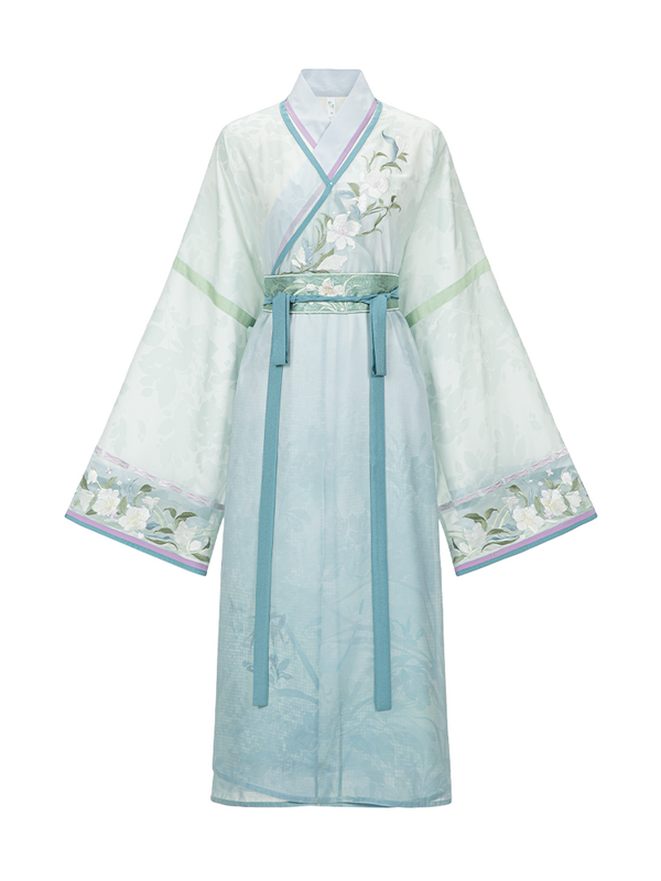 Chi Xia Hua Jian Shi Yun Meng roupas leves, trem reto, camisa longa com pescoço cruzado, hanfu feminino melhorado, estilo Jin