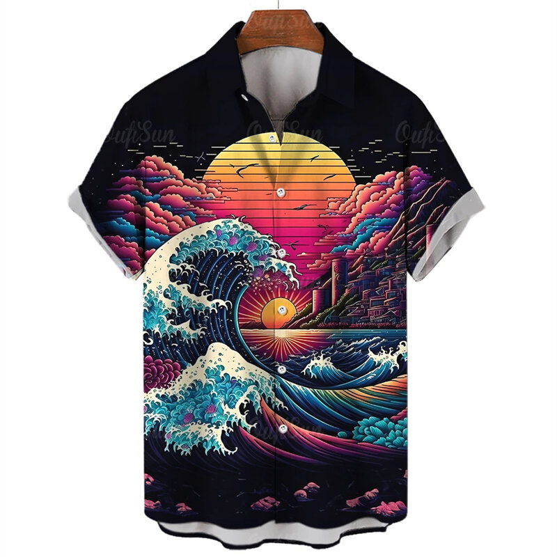 Camisas gráficas de olas de puesta de sol para hombres, blusas coloridas, camisas de playa hawaianas casuales, ropa de calle, Tops Y2k, moda Harajuku