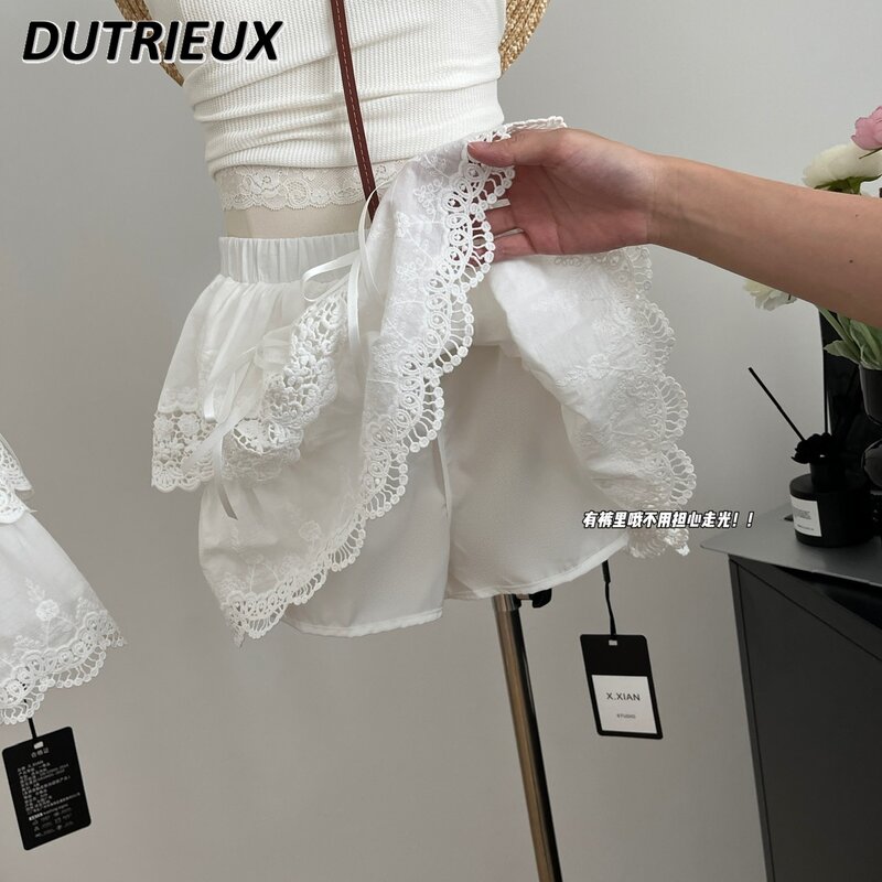 French Style Sweet Cute Girls Bow Lace Cake Short Skirts Summer White Puff Female Temperament High Waist A- Line Mini Skirt