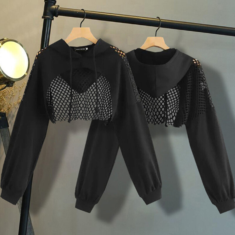Schwarze Hoodies für Frauen aushöhlen Crop Tops Mesh Patchwork kurzes Sweatshirt Langarm Herbst Tops und Pullover