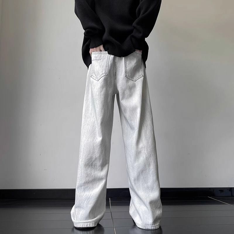 Calça jeans retrô de perna reta masculina, calça larga larga larga larga larga larga, esfregão jovem, cortina de hip hop, tendência masculina para primavera e outono, tendência masculina