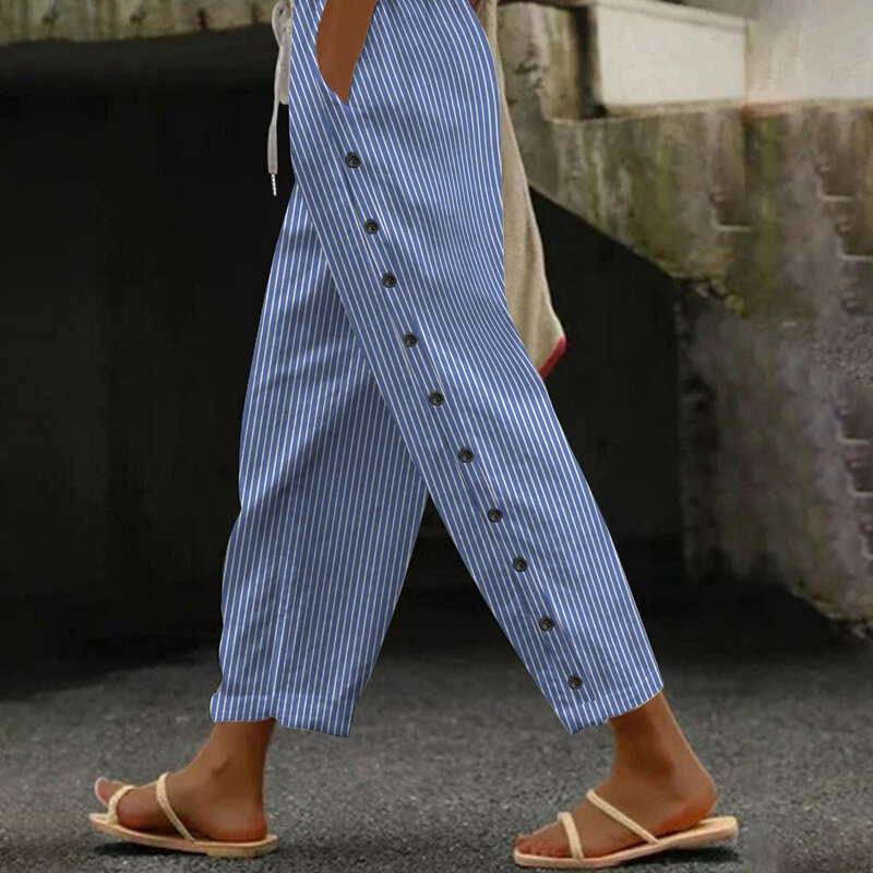 Брюки женские длинные в полоску, дышащие повседневные штаны в стиле Харадзюку, с боковыми пуговицами, в стиле Харадзюку, на лето