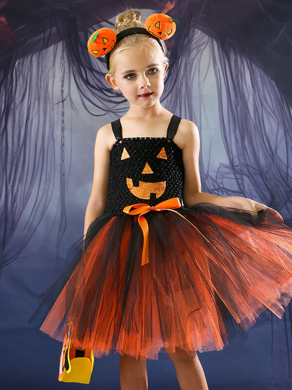 Halloweenowa ubrania Cosplay dziecięca nowa dziewczęca piłka do makijażu z dyni rozkloszowana sukienka mała strój czarownicy sukienka księżniczki