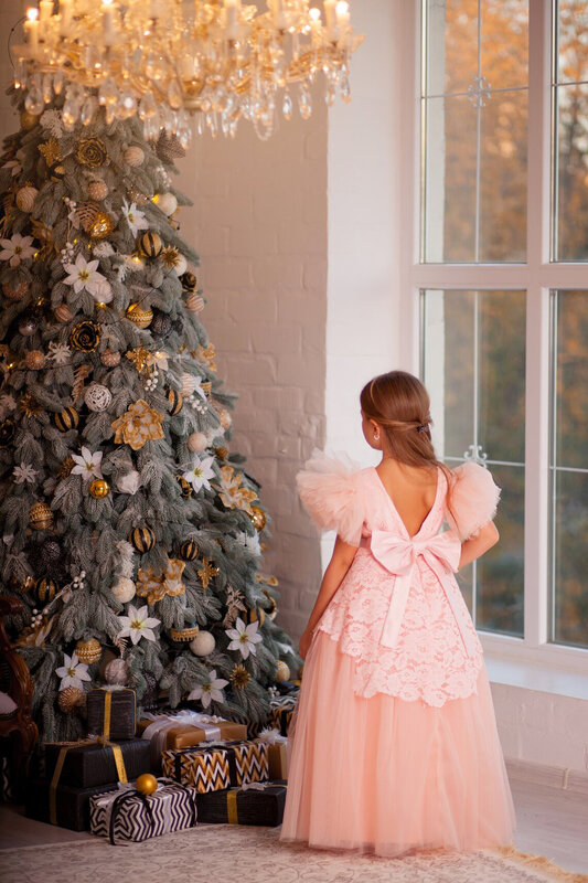 Vestidos de flor rosa para casamento, tule, renda inchada, V-Back com arco, vestido princesa Kids, festa de aniversário, vestidos de baile, 2024
