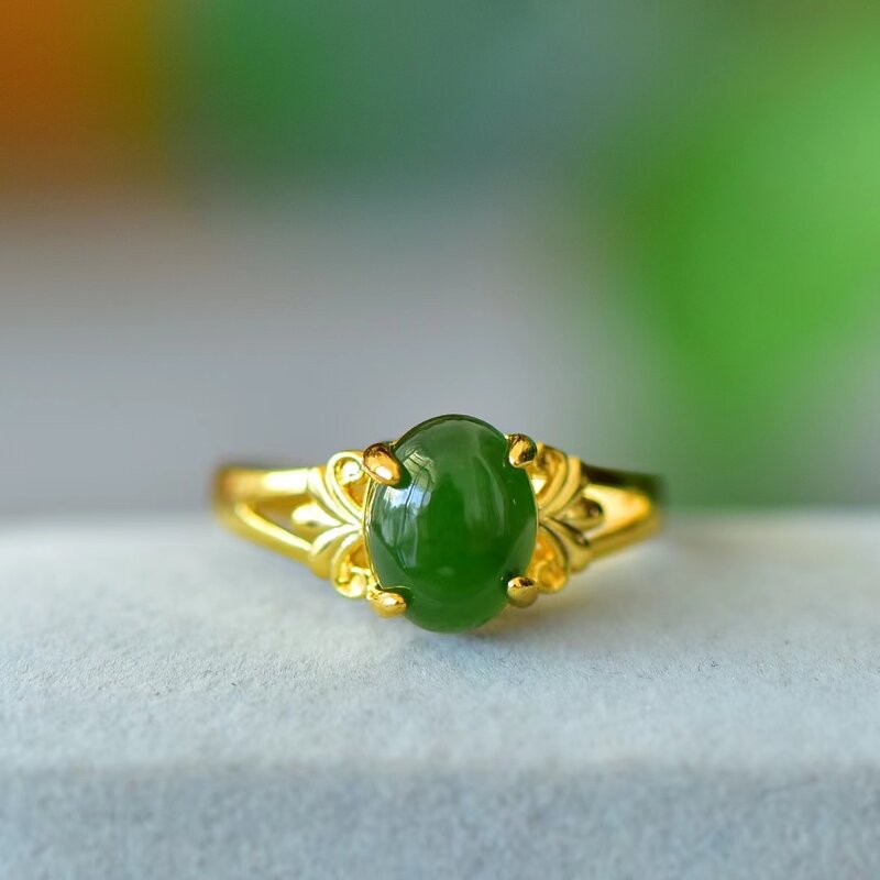Natural Hetian Jade Ring Copper Inlaid JASPER Rings Luxury Womens Party Wedding Gemstone Jewellery Gifts Stylish Girl Jewelry