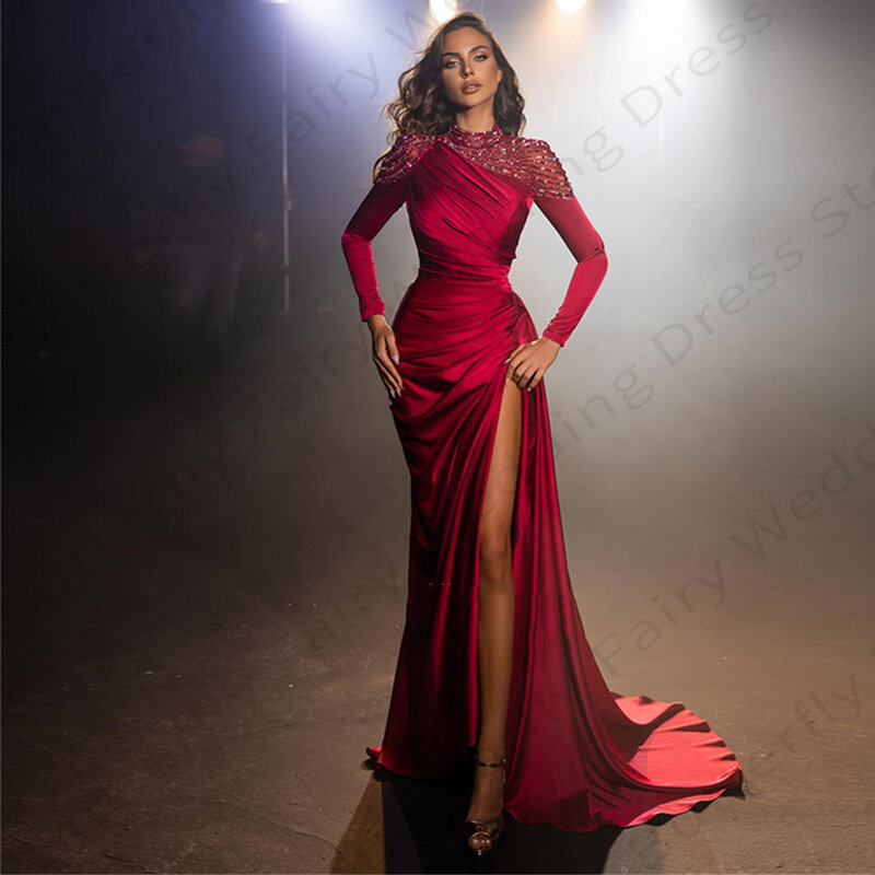 Exquisite Elegant High Collar Mermaid Long Sleeved High Split Mopping Luxurious Satin Beading Sexy Mermaid Evening Dresses Party