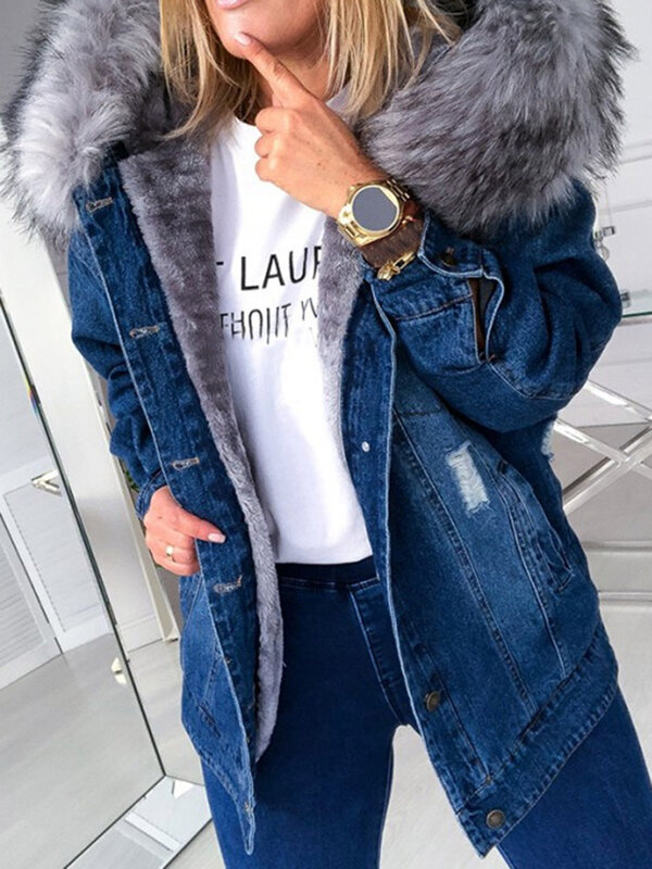 Damen Jeans jacke warmes Kunst pelz übergroße Oberbekleidung Kapuze Damen bekleidung für Herbst Winter Button Down Langarm Mantel