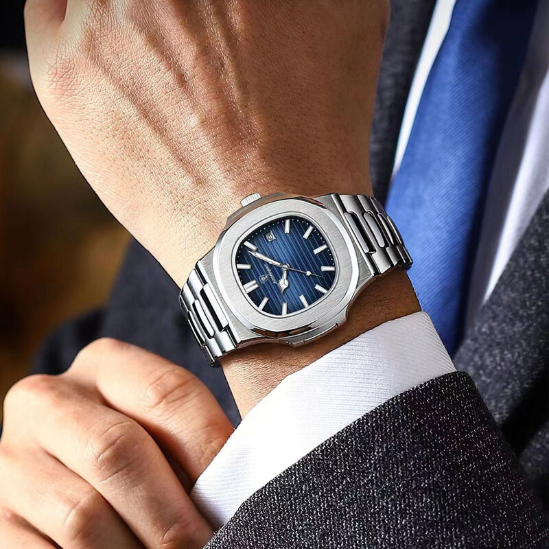 POEDAGAR 럭셔리 시계 비즈니스 방수 남성 시계, 발광 날짜 스테인레스 스틸 사각 쿼츠 시계, 2023 년 신제품