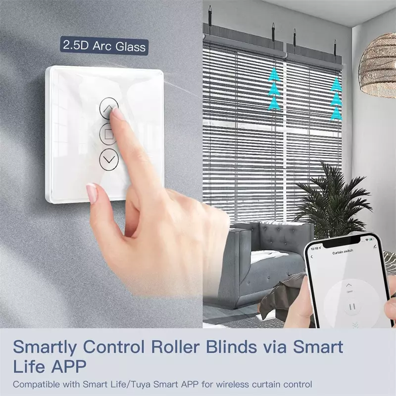 Moes wifi rf433 smart 2.5d arc vidro toque interruptor da cortina para persianas de rolo vida inteligente/tuya app funciona alexa google casa