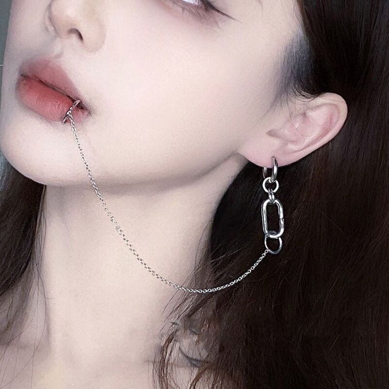 Non-Piercings Fake Earrings Cool Metal Long Chains Earring Piercings Hoop Lip Ring Women
