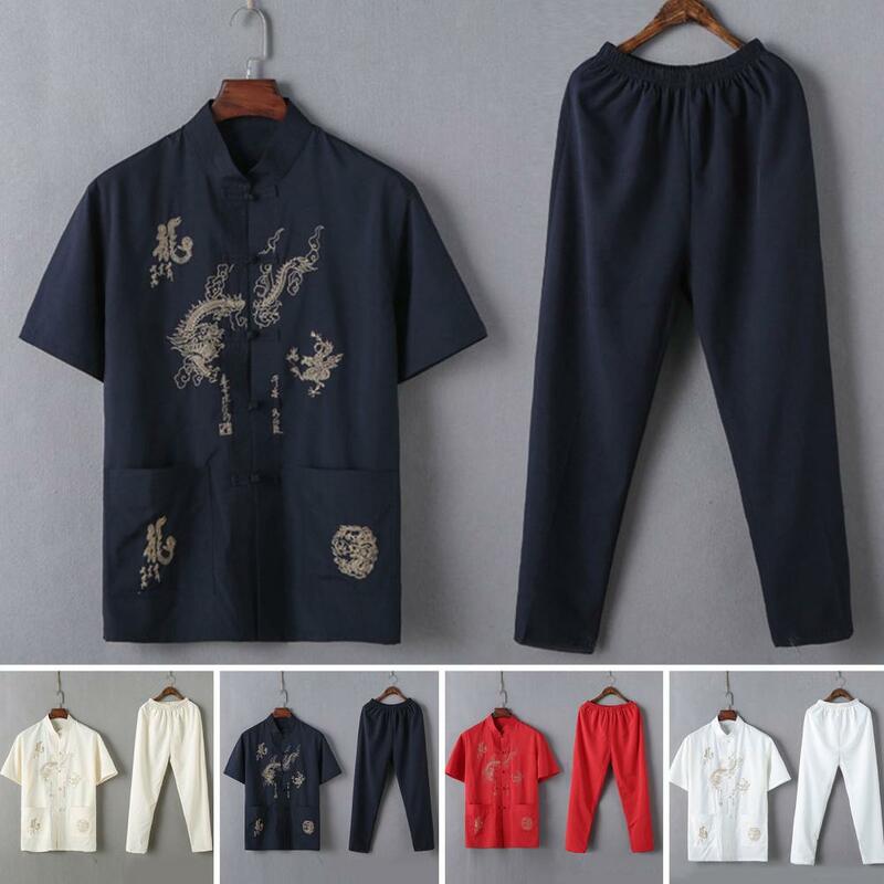 2 sztuk/zestaw garnitur Casual w średnim wieku chiński styl smok topy z krótkim rękawem zestaw spodni strój strój Tang koszula spodnie spodnie koszule