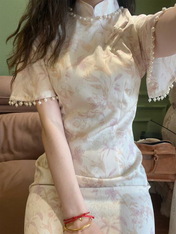 Китайское весеннее Новое китайское ретро элегантное розовое улучшенное платье Ципао с длинными рукавами кружевное Сексуальное Женское современное платье Ципао